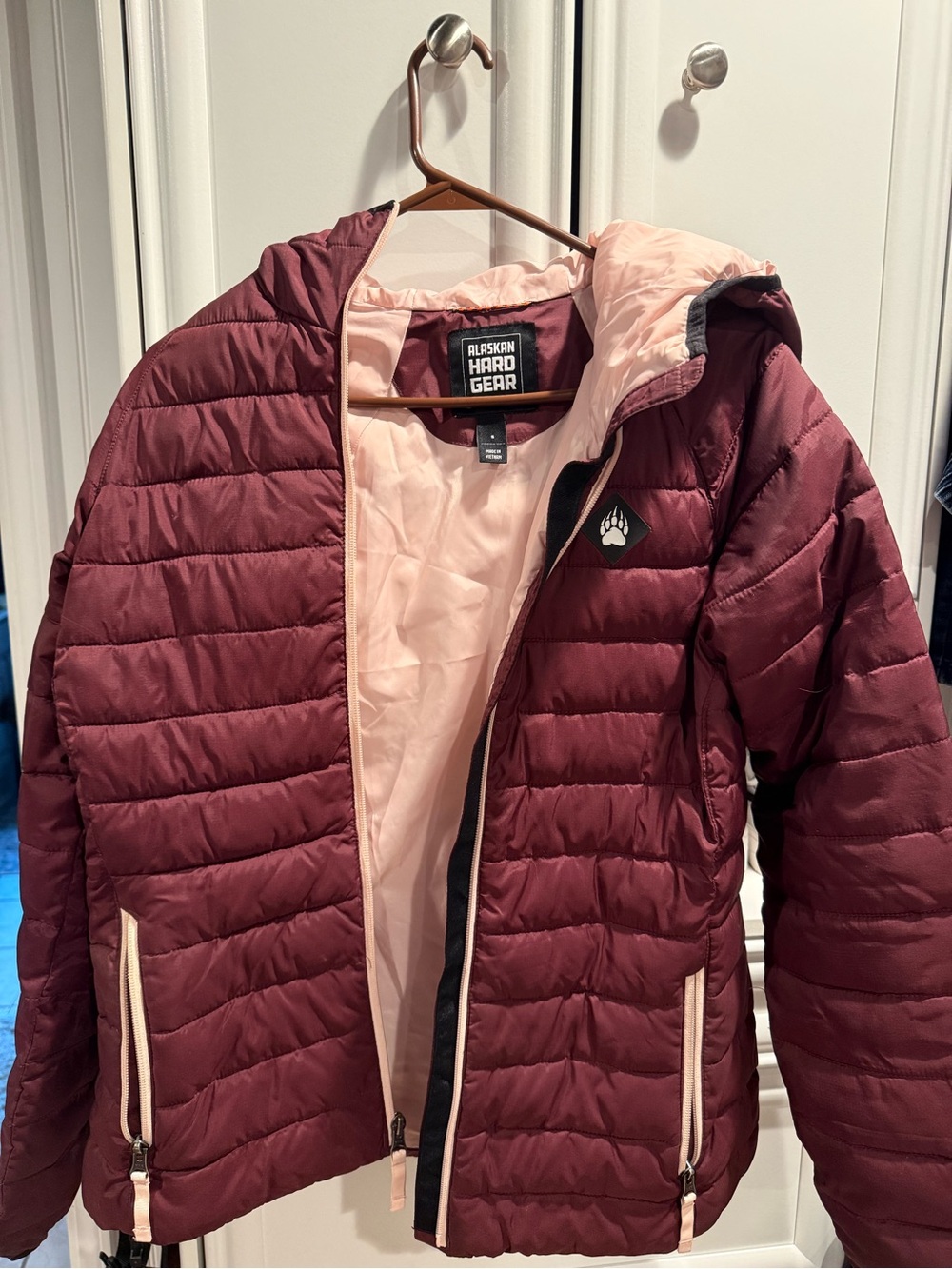 Women's Burgundy Puffer Jacket with Pink Lining